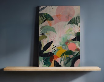 Lienzo botánico tropical para pared, impresión de hojas coloridas enmarcadas para decoración de cocina, ambiente selvático abstracto moderno para interiores naturales.
