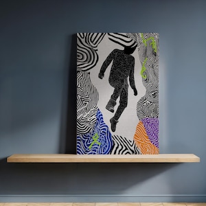 May include: Abstract art print featuring a black figure in a textured suit, seemingly floating against a white backdrop. The background includes black and white striped patterns, with accents of blue, orange, and purple. Green lightning bolt shapes add a pop of color.