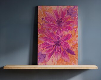 Lienzo decorativo de flores rosas y naranjas, obra de arte floral enmarcada, vibrante pintura floral para una decoración colorida de la pared del hogar o la cocina.