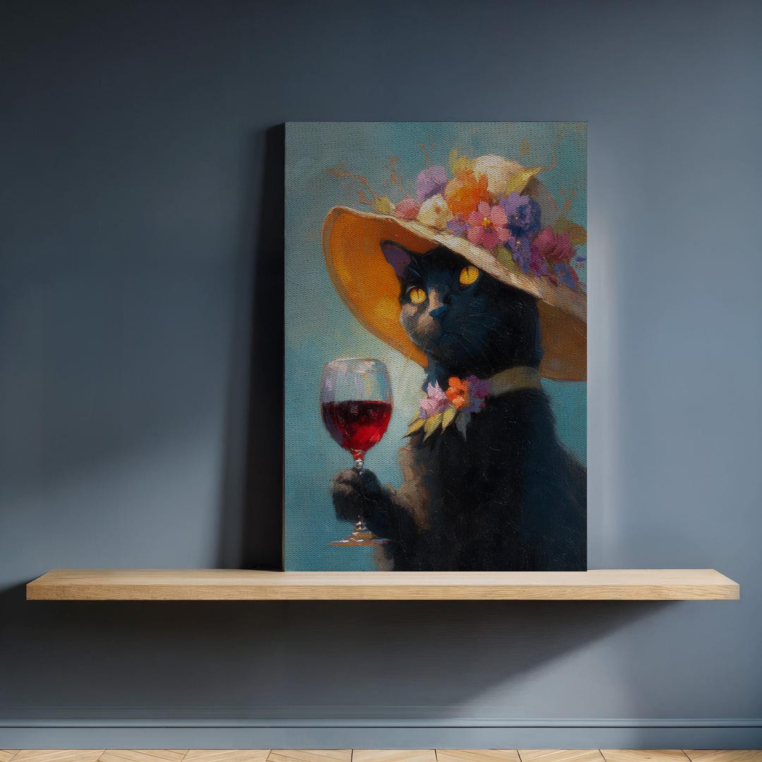 Black Cat Art Print With Wine Glass, Floral Hat Wall Decor, Whimsical ...