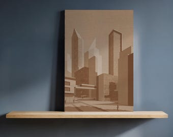 Lienzo arquitectónico enmarcado en sepia, pintura geométrica de paisaje urbano, decoración de pared de horizonte urbano para oficina, regalo para amantes del diseño moderno.