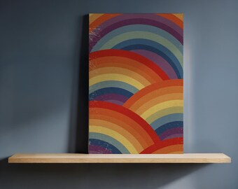 Stampa artistica da parete con cornice in tela con arco arcobaleno retrò, stampa colorata di un tramonto vintage, decorazione astratta audace per cucina, soggiorno o studio creativo