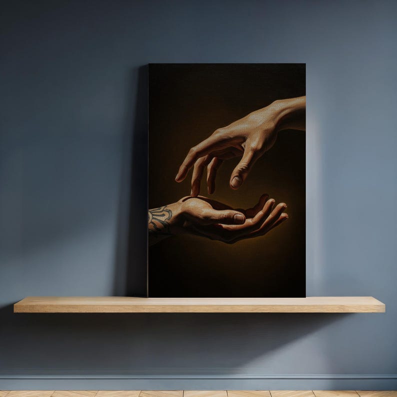 Hands Reaching Canvas Wall Art, Realistic Human Touch Painting with Tattoo Detail, Figurative Emotional Artwork, Framed Gift for Home Decor