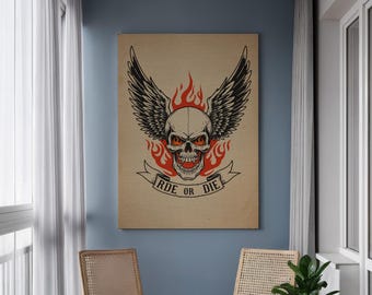 Ride or Die Skull Canvas Wall Art, Biker Flame Skull with Wings, Tattoo Style Motorcycle Decor, Framed Rebel Art for Garage or Man Cave