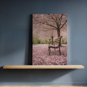 Puede incluir: Impresión en lienzo de una escena de parque con un banco bajo un gran árbol en flor. El suelo está cubierto de pétalos rosas. La imagen se muestra en una estantería de madera contra una pared azul oscuro.