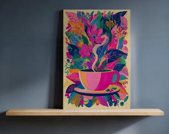 Floral Coffee Cup Canvas Wall Art, Vibrant Botanical Leaves and Flowers, Framed Colorful Kitchen or Cafe Decor for Cozy Artistic Spaces