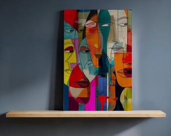 May include: Abstract art canvas featuring a collage of stylized faces in vibrant colors. The artwork uses bold lines and geometric shapes, with a palette of red, yellow, blue, and orange. The piece is displayed on a wooden shelf against a dark blue wall.