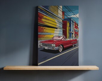 Pop Art Red Convertible Canvas Wall Art, Retro Vintage Auto Decor for Living Room, Office or Man Cave