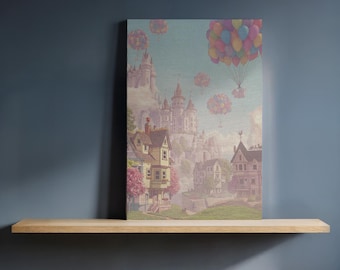 Framed Fantasy Village and Castle Canvas Wall Art, Whimsical Hot Air Balloons and Fairytale Landscape, Kids Room Magical Adventure Decor