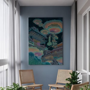 Arte mural en lienzo de Cyber Temple, arquitectura flotante futurista enmarcada con nubes de neón, decoración surrealista digital para interiores modernos de ciencia ficción.