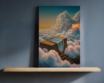 May include: A surrealist art print featuring a melting clock draped over a brown cube, set against a backdrop of fluffy clouds and a sunset sky. A staircase leads up to the cube. The artwork is displayed on a wooden shelf.