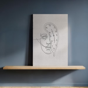 Minimalist Surreal Face and Melting Clock Canvas Wall Art, Line Drawing, Timeless Abstract Illustration, Framed Gift for Contemporary Decor