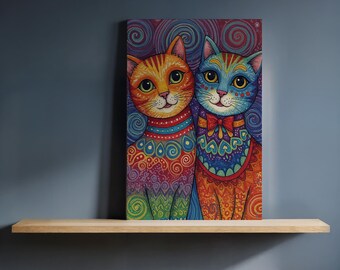 Framed Colorful Cats Canvas Art, Vibrant Psychedelic Cat Illustration, Perfect for Animal and Art Lovers, Fun Home Decor, Gift For Her