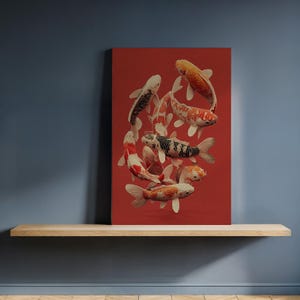 Koi Fish Canvas Wall Art, Bold Red Background with Japanese Style Fish Illustration, Framed Zen-Inspired Gift for Modern or Peaceful Homes