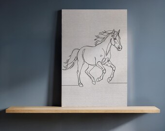 Running Horse Line Art Canvas, Minimalist Black Ink Animal Drawing on Beige, Framed Equestrian Wall Decor for Rustic or Modern Interiors