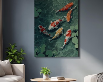 Lienzo decorativo con peces koi, escena tranquila de estanque con nenúfares, lámina enmarcada de estilo japonés para la decoración de cocinas zen o espacios serenos en el hogar.