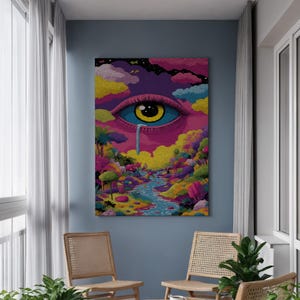 May include: A vibrant, psychedelic art print featuring a large eye with a yellow iris and a tear. The artwork depicts a colorful landscape with a river, trees, and clouds in shades of pink, purple, blue, and yellow. The print is displayed on a wall.