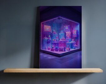 May include: A digital art print of a display case filled with colorful objects. The case is illuminated with pink and blue neon lights. The objects are arranged on pedestals and cubes, creating a visually appealing composition.