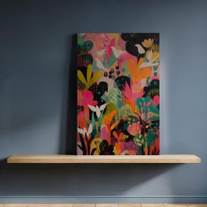 Framed Abstract Botanical Canvas Wall Art, Colorful Modern Floral Painting with Birds and Foliage, Bold Nature-Inspired Home Accent
