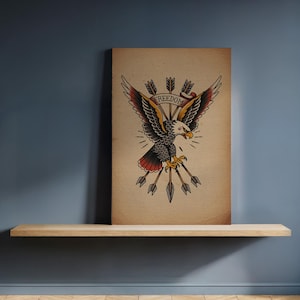 May include: A vintage-style print featuring a detailed illustration of an eagle with outstretched wings, arrows, and the word "FREEDOM" in a banner. The eagle is rendered in shades of black, red, yellow, and white against a tan background.