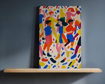 Impresión artística en lienzo enmarcada de niños bailando, decoración de pared infantil colorida y juguetona, arte caprichoso para guarderías, salas de juegos o espacios creativos.