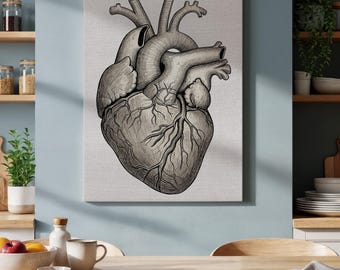 Framed Anatomical Heart Canvas Wall Art, Vintage Medical Illustration in Black Ink, Unique Science Gift for Doctors, Artists, Gothic Decor
