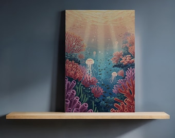 Könnte beinhalten: Gemälde einer Unterwasserszene mit Korallen und Quallen. Das Kunstwerk zeigt rote, violette und grüne Korallenformationen, mit Quallen, die im Wasser treiben. Der Hintergrund verläuft von Blau zu Hellorange.