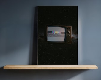 May include: A vintage television with a static screen is mounted on a dark background with a starry night effect. The TV is brown with a retro design. The artwork is displayed on a wooden shelf against a blue wall.