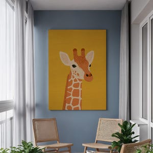 Giraffe Canvas Wall Art for Nursery, Minimalist Animal Illustration on Yellow Background, Framed Playful Kids Room Decor or Baby Shower Gift