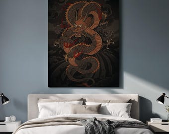 Oriental Dragon Canvas Wall Art, Framed Fierce Mythical Creature Painting in Red and Gold, Powerful Gift for Fantasy or Dark Home Decor