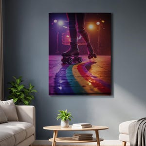 Könnte beinhalten: Leinwanddruck einer Person, die auf einem regenbogenfarbenen Pfad Rollschuh fährt. Die Rollschuhe sind schwarz, und der Pfad ist eine lebendige Darstellung von Farben. Der Hintergrund zeigt Bühnenlichter und eine dunkle, stimmungsvolle Atmosphäre.
