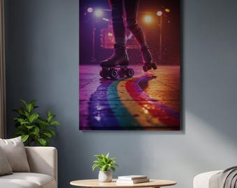 Framed Retro Roller Skate Wall Art, Rainbow Track Canvas Print, Colorful 80s Disco Vibes Poster for Skating Lovers and Vintage Room Decor