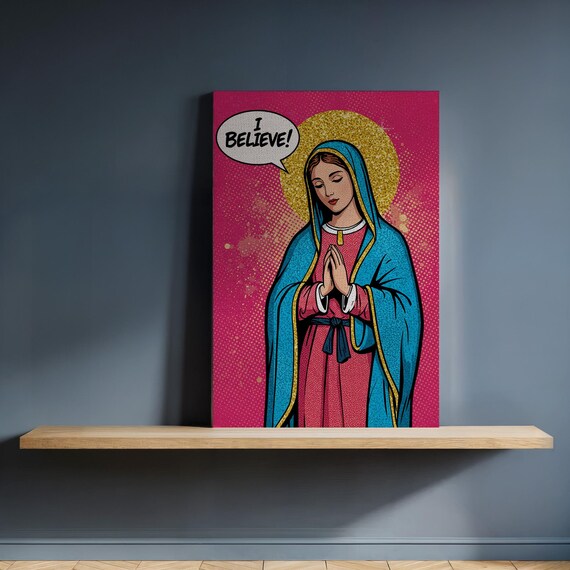 Framed Pop Art Virgin Mary Canvas, Religious Comic Style Wall