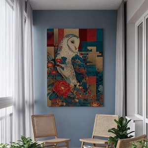 Floral Owl Wall Art Canvas, Japanese-Inspired Barn Owl with Peony and Pattern Motif, Framed Nature Print for Elegant Home or Artful Decor