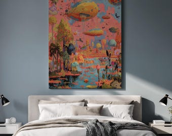 Fantasy Landscape Canvas, Surreal Dreamscape Wall Art with Floating Islands,Pink Orange Magical Nature Decor for Kids Room Creative Spaces