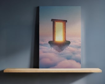 May include: A canvas print depicting a surreal scene of a wooden door floating above a sea of clouds. The door is open, emitting a bright, warm light. The sky transitions from blue to pink, creating a dreamlike atmosphere.