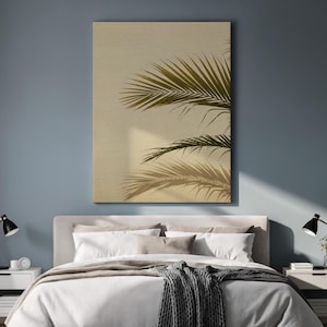 Framed Palm Shadow Canvas Wall Art, Minimal Tropical Leaf Print, Neutral Boho Botanical Decor for Kitchen, Beach Home or Relaxed Interiors