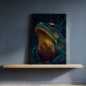 May include: A vibrant, artistic canvas print featuring a stylized frog. The frog is depicted with intricate patterns and a rich color palette of blues, yellows, and reds. The artwork is displayed on a wooden shelf against a dark blue wall.