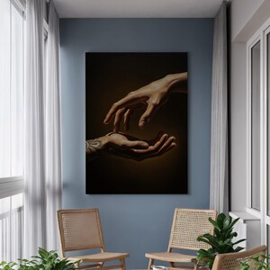 Hands Reaching Canvas Wall Art, Realistic Human Touch Painting with Tattoo Detail, Figurative Emotional Artwork, Framed Gift for Home Decor