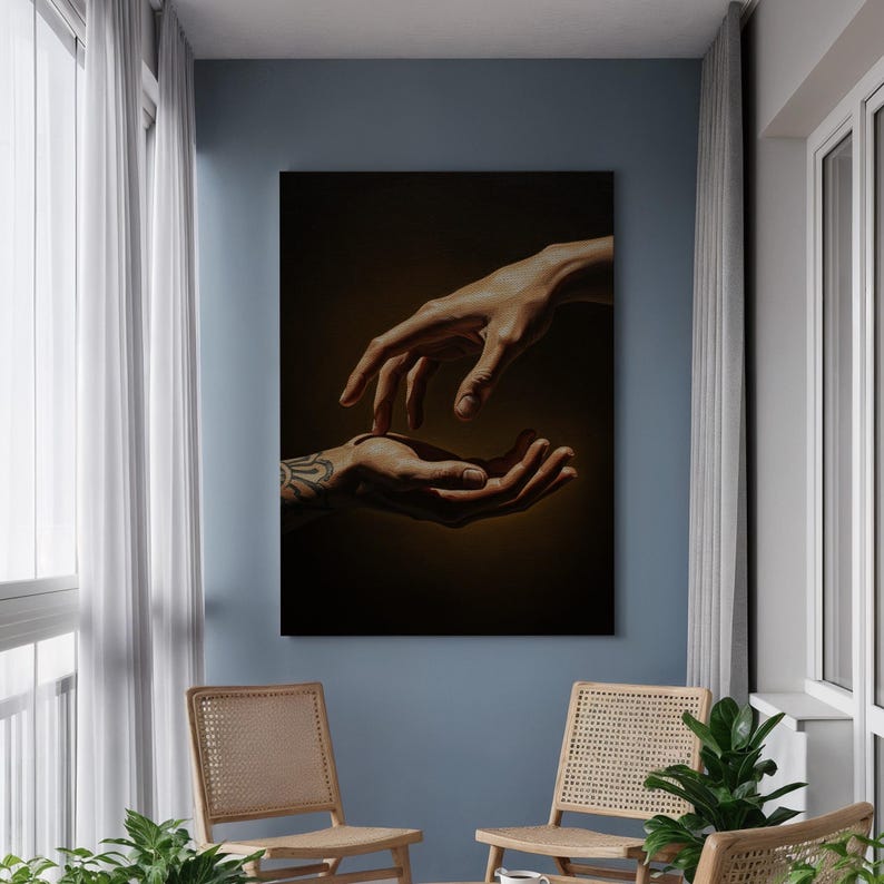 Hands Reaching Canvas Wall Art, Realistic Human Touch Painting with Tattoo Detail, Figurative Emotional Artwork, Framed Gift for Home Decor