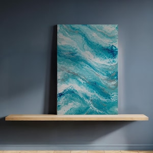 Framed Ocean Wave Fluid Art Canvas, Abstract Turquoise and White Pour Painting, Textured Modern Wall Decor for Kitchen or Coastal Interiors