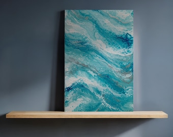 Framed Ocean Wave Fluid Art Canvas, Abstract Turquoise and White Pour Painting, Textured Modern Wall Decor for Kitchen or Coastal Interiors