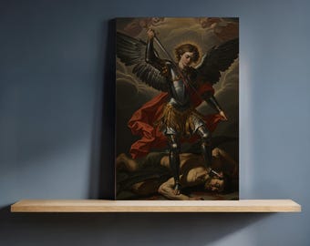 Framed Archangel Michael Canvas Art, Dramatic Battle Scene Religious Wall Decor, Baroque Angel Painting for Classic Spiritual Interiors