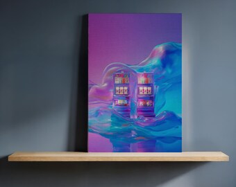 May include: A canvas print featuring two vending machines with colorful products, set against a vibrant backdrop of swirling blue, purple, and pink hues. The artwork is displayed on a wooden shelf against a dark blue wall.