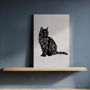 Floral Black Cat Canvas Wall Art, Silhouette Cat Print with Botanical Pattern on Beige, Framed Minimalist Pet Lover Decor for Modern Homes