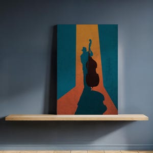 Jazz Bass Player Canvas Wall Art, Retro Silhouette Musician with Double Bass i Spotlight, Minimalist Music Print, Framed ,Stylish Home Decor