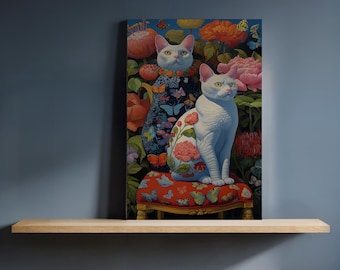 Nyckfullt kattporträtt på canvas, blommönster med vita katter på stol, inramat dekorativt konstverk för djurälskare och färgglada hem