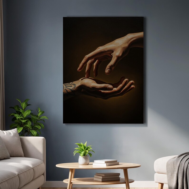 Hands Reaching Canvas Wall Art, Realistic Human Touch Painting with Tattoo Detail, Figurative Emotional Artwork, Framed Gift for Home Decor