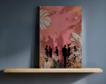 May include: A rectangular canvas print featuring a pink background with a botanical design and silhouettes of people in suits. The artwork includes white and gold floral elements, creating a unique and artistic aesthetic.