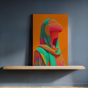 Könnte beinhalten: Abstraktes Gemälde auf Leinwand, das eine Figur mit grüner Kopfbedeckung und pinkfarbenem Visier vor orangefarbenem Hintergrund zeigt. Die Kleidung der Figur weist farbenfrohe Muster auf. Das Kunstwerk wird auf einem Holzregal präsentiert.